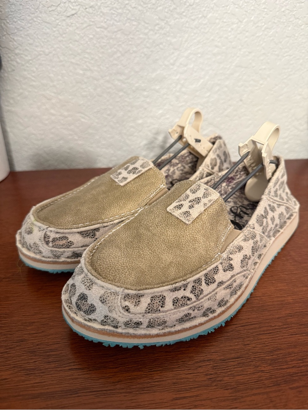 Very G Leopard Print Slip-On Shoes in Tan and Light Blue